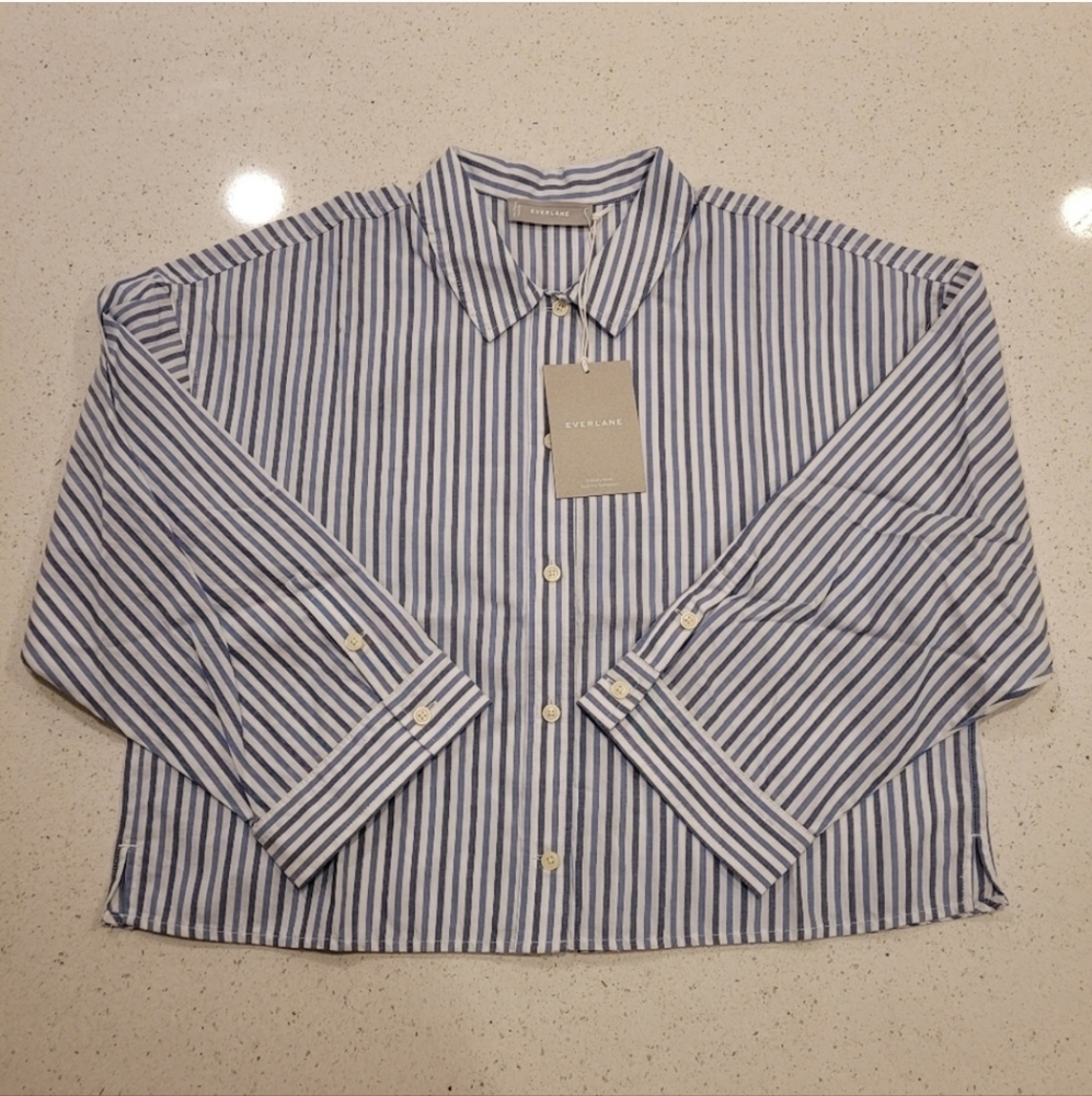 Everlane Women's Blue White Striped Woven Cotton Button Dow Shirt Top Size S